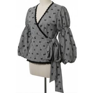 Jonathan Simkhai Womens Small Puffer Sleeve Black White plaid shirt wrap tie